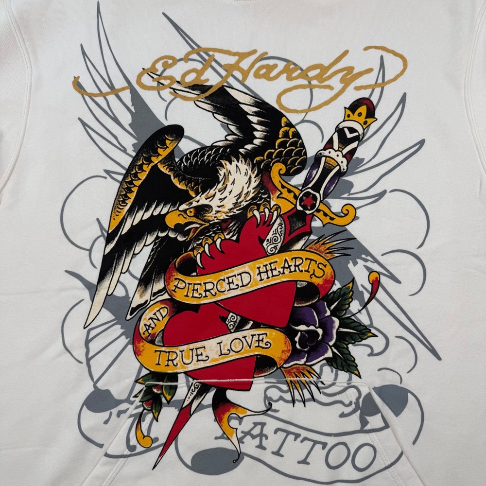 Ed Hardy Mens Eagle Pierced Hearts Tattoo Graphic Print Hoodie Cream XL NWT